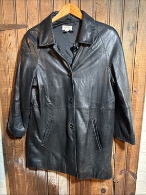 Classic Black Talbots Leather Coat - Women's Button Front Jacket